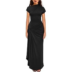 YMDUCH Women's Casual Short Sleeve Boat Neck Ruched High Split Bodycon Long Party Dress | Amazon (US)