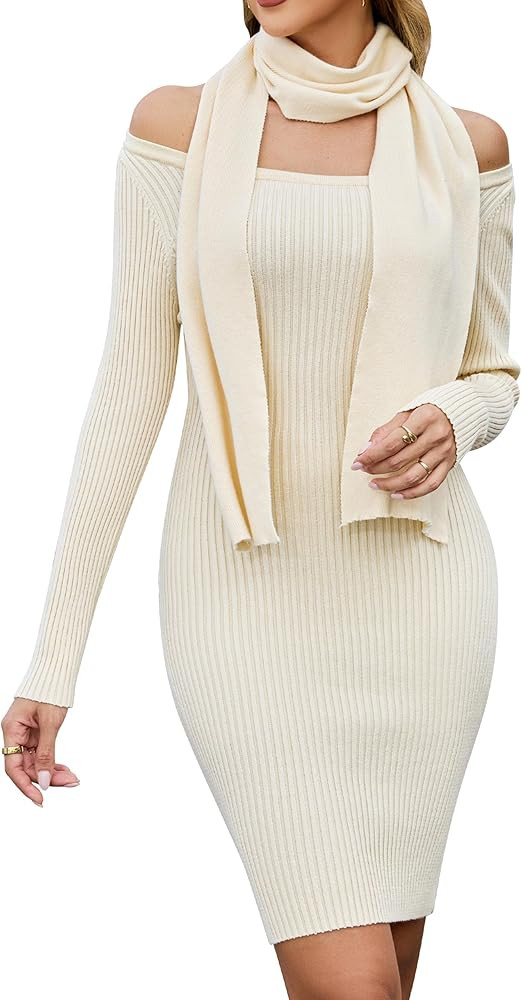 Blooming Jelly Womens Off Shoulder Sweater Dress Scarf Long Sleeve Mini Bodycon Dresses Fall Tren... | Amazon (US)