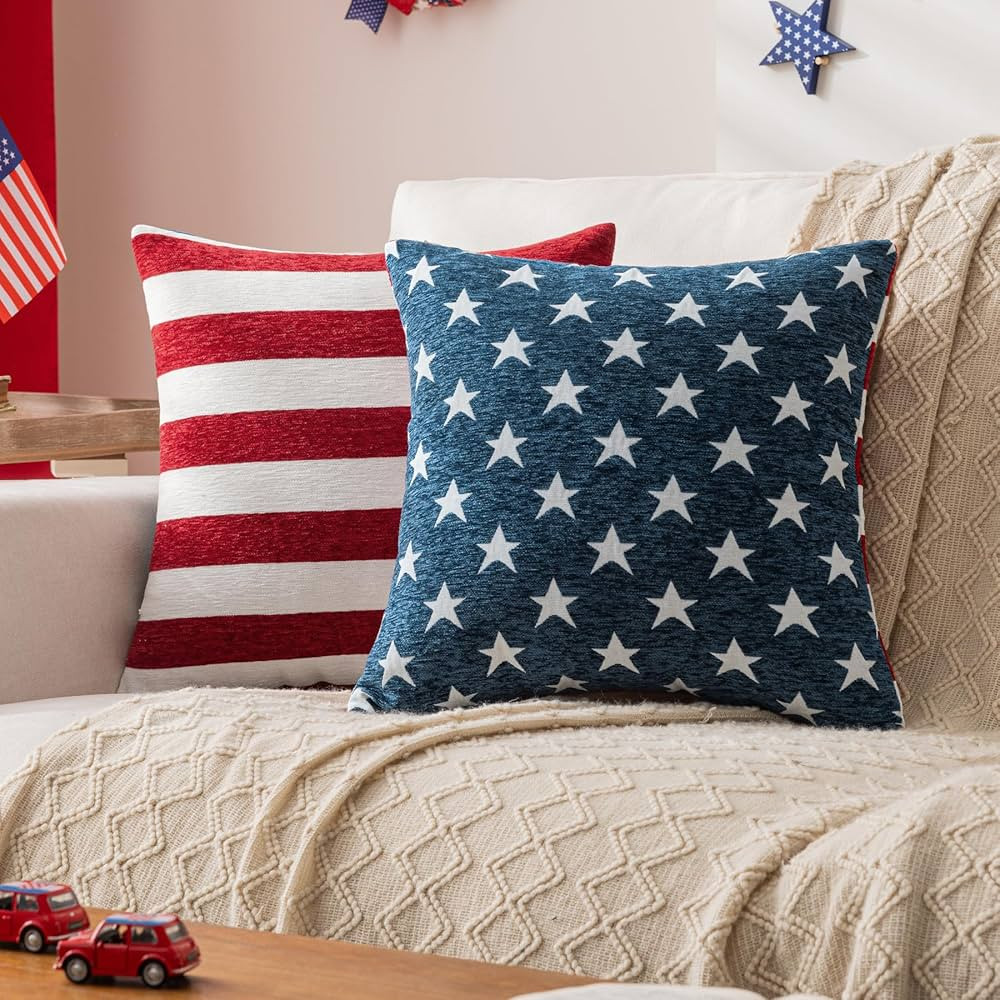 4th of July Pillow Covers 18"x18" Set of 2 Soft Jacquard Chenille Throw Pillow Covers with Red St... | Amazon (US)
