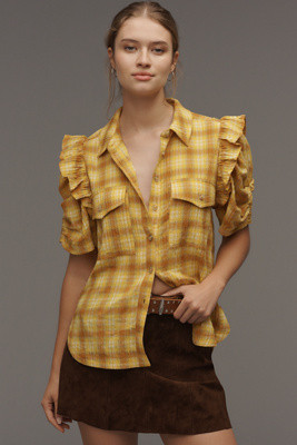 The Ozzi Plaid Ruffle-Sleeve Buttondown Shirt by Pilcro | Anthropologie (US)