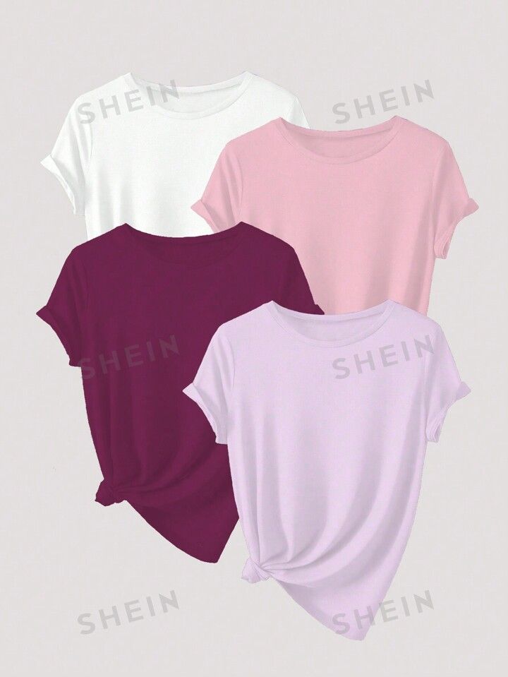 SHEIN EZwear Plus Size Summer Casual Solid Color Round Neck Short Sleeve T-Shirt | SHEIN