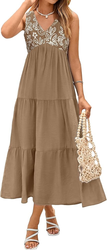 Glamaker Womens Sleeveless V Neck Maxi Dress Summer Flowy Tiered Beach Sundress Boho Vacation Res... | Amazon (US)