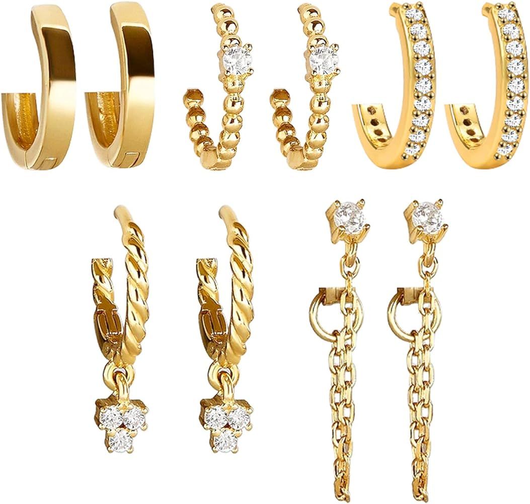 5 Pairs Gold Silver Huggies Hoop Earrings Set for Women Girls Small Tiny Dangle Cubic Zirconia Chain | Amazon (US)
