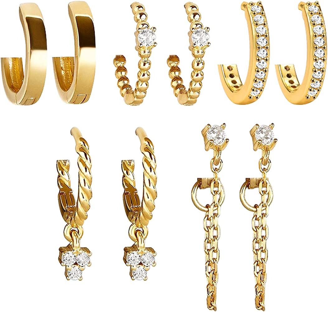 5 Pairs Gold Silver Huggies Hoop Earrings Set for Women Girls Small Dangle Chain Hoop Earrings Jewel | Amazon (US)
