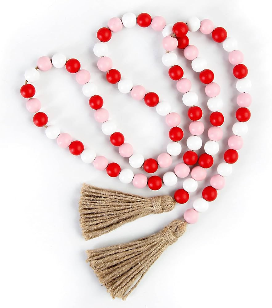 Valentine's Day Wood Bead Garland with Tassel,Rustic Wooden Bead Decor Farmhouse Beads Big Wall H... | Amazon (US)