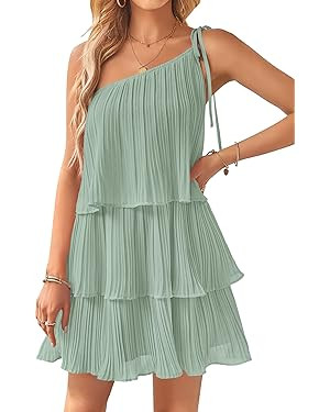 ZESICA Women's 2024 Boho Summer One Shoulder Sleeveless Ruffle Tiered Layered Chiffon Pleated A L... | Amazon (US)