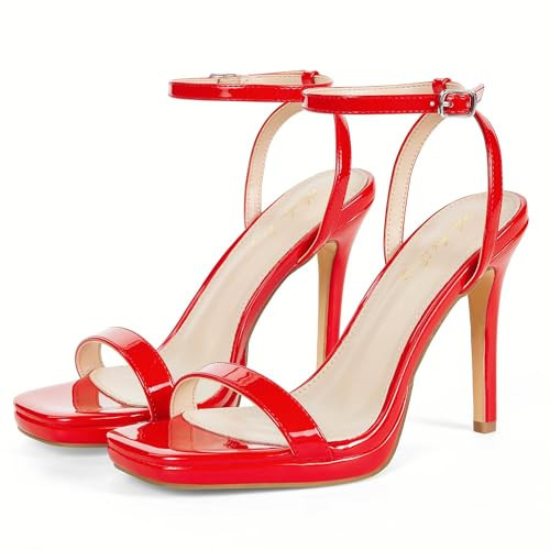 Elisabet Tang Women’s Stilettos Heeled Sandals Open Square Toe Heels,4.3 Inch Open Toe Strappy Sexy High Heels Ankle Strap Buckle Heels for Party Wedding Dress Daily Wear Shoes Red Size 8.5 | Amazon (US)