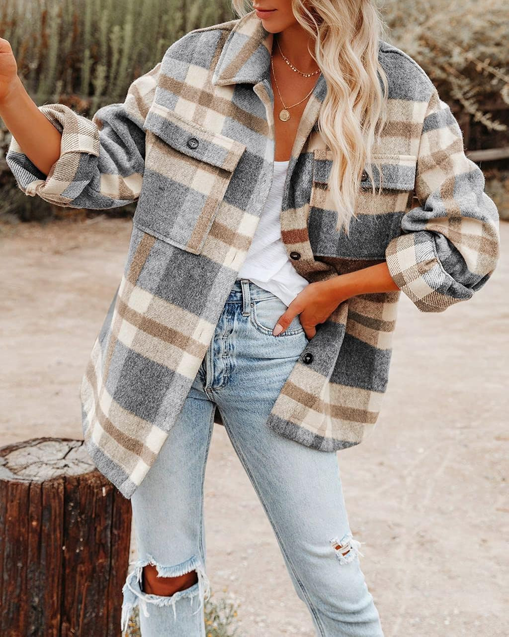 Women's Brushed Plaid Shirts Long Sleeve Flannel Lapel Button Down Pocketed Shacket Jacket Coats | Amazon (US)