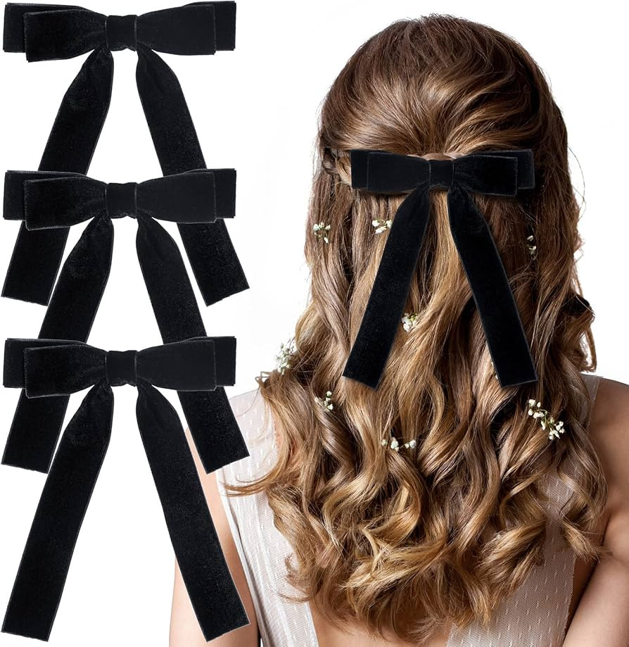 3Pcs 4.72inch Velvet Hair Bow Clips Black Hair Bows Hair Ribbons Valentines Back to School Weddin... | Amazon (US)