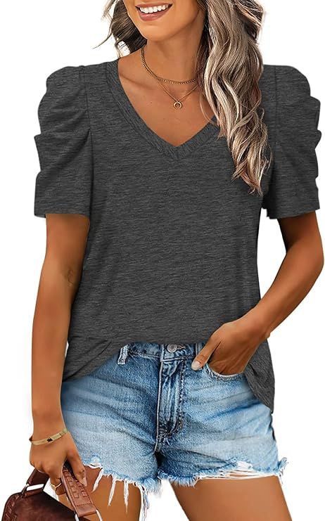 XIEERDUO Womens Summer Shirt V Neck Casual Tshirts Puff Sleeve Tops for Women Solid Color S-2XL | Amazon (US)