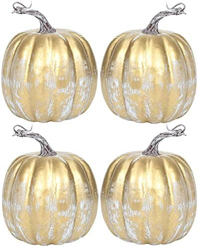 6 Inch Mid Gold Plastic Pumpkins for Decorating - 4PCS Mid Large Decorative Foam Pumpkins for Fall D | Amazon (US)