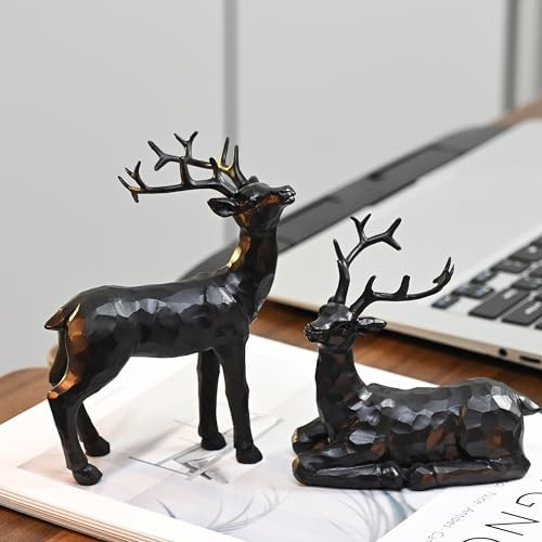 AOMOONOA Black Reindeer for Christmas Decoration, 2Pcs Tabletop Reindeer Figurines, Small Resin Deer Statues Decorative Deers Figurine for Christmas Village, Mantle, Shelf Decor, Gift | Amazon (US)