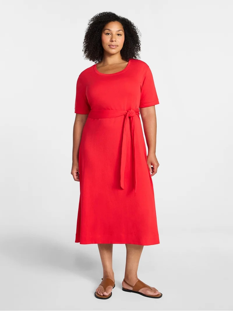 Time and Tru Women's Knit Midi Dress with Tie Belt, Sizes XS-XXXL | Walmart (US)