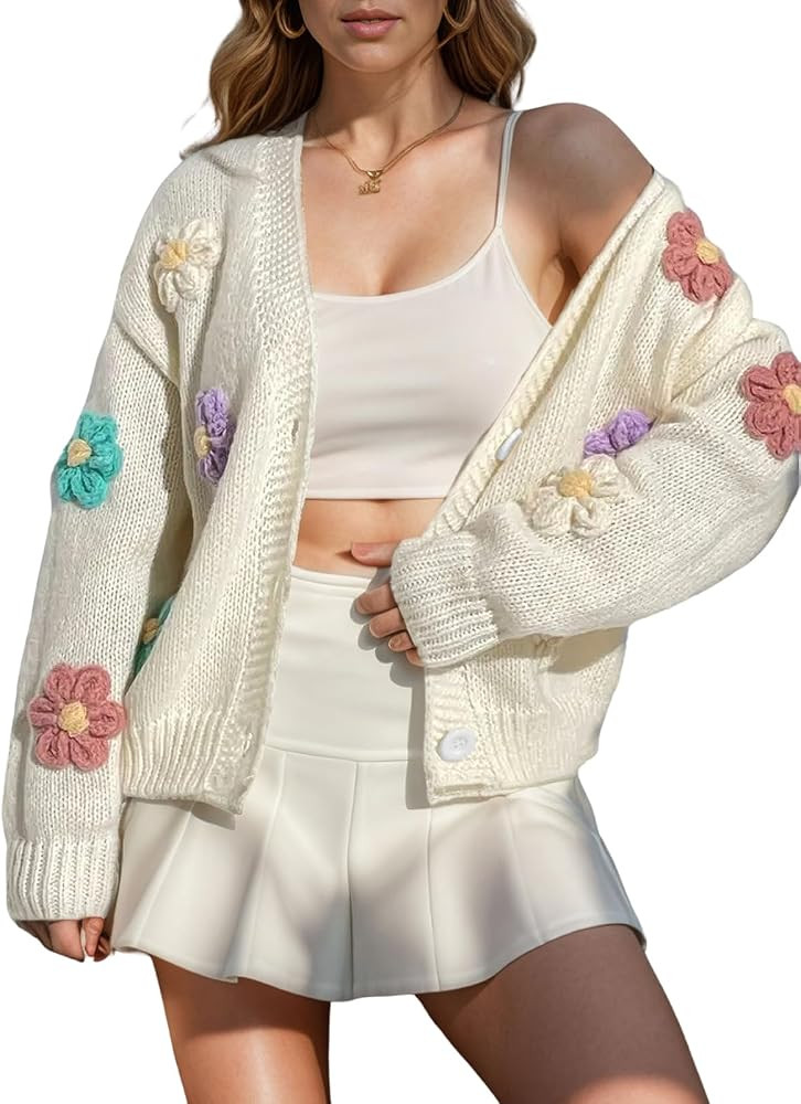 ebossy Women's Ribbed Knit Cardigans Embroidery Aesthetic Pretty Flowers Applique Button Up Sweat... | Amazon (US)