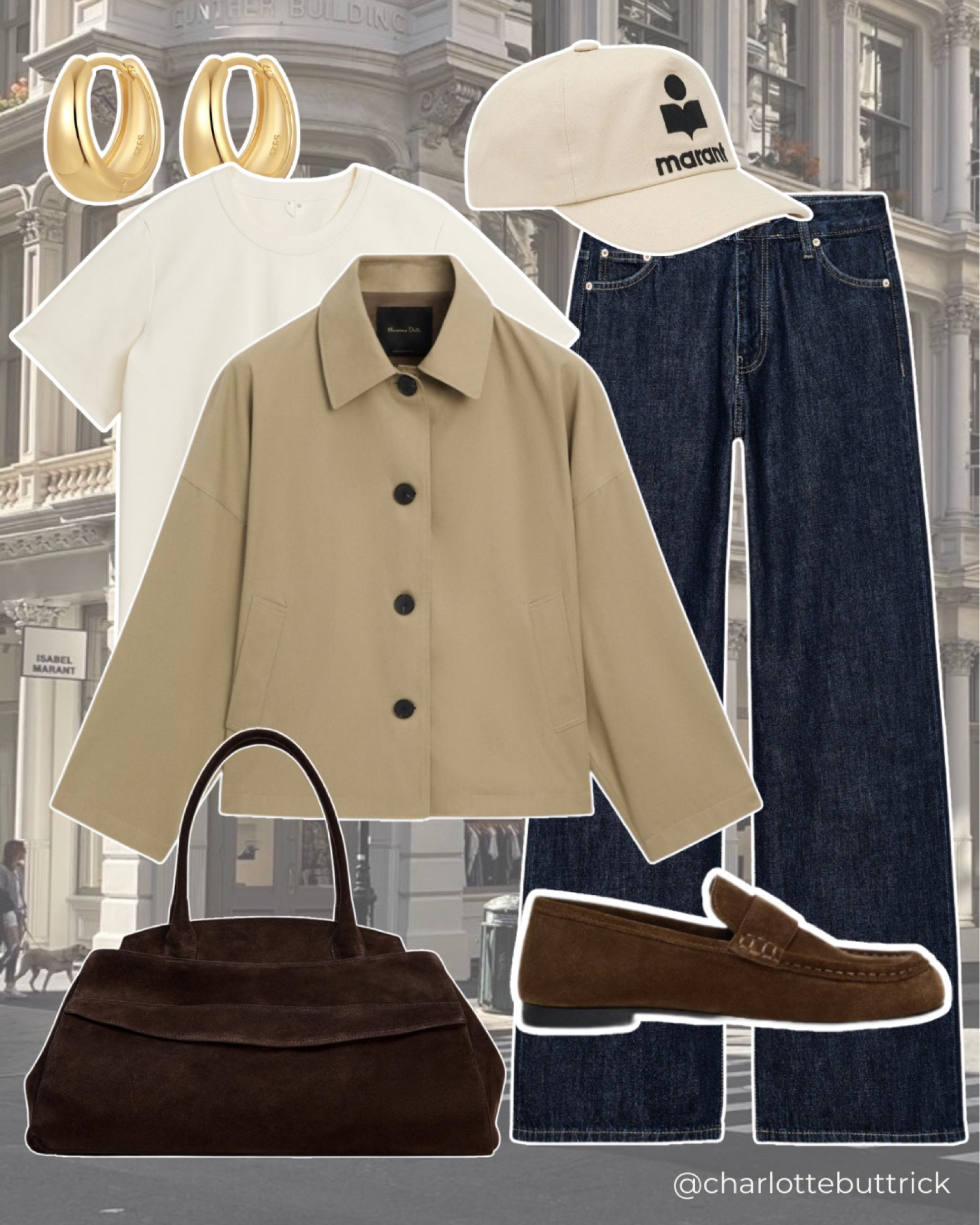 Spring capsule wardrobe, capsule wardrobe spring 2025 - transitional winter to spring layers -suede loafers - Zara brown suede bag - jeans - trench coats - work-friendly outfits - wardrobe essentials - wardrobe staples - basics - short trench coat 