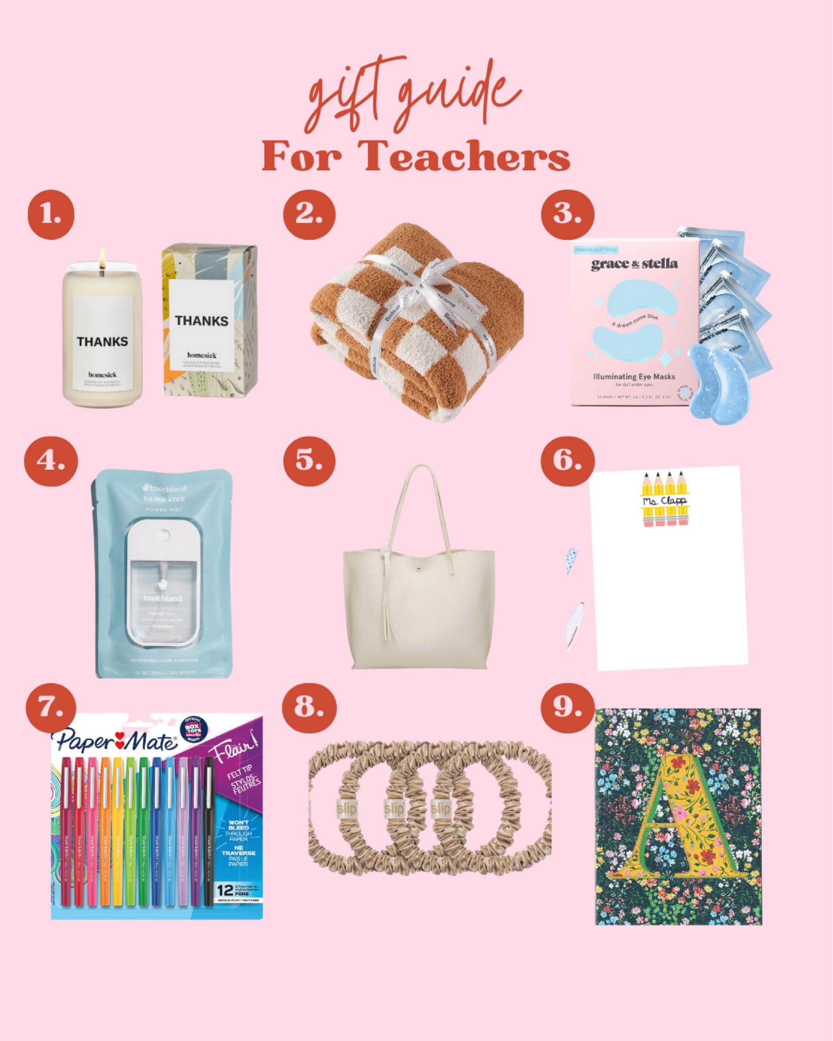 Gift guide for teachers, homesick candle, thank you, checkered, throw blanket, eye masks, hand sanitizer, work tote, handbag, tote bag, personalized notepad, felt tip pens, silk hair ties, notebook, five minute journal, self care 

#LTKGiftGuide #LTKSeasonal #LTKHoliday