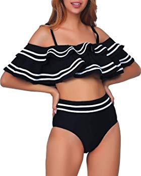 Women 2 Piece Vintage Navy Ruched Flounce Off Shoulder Crop Top with High Waist Bottom Bikini Set... | Amazon (US)
