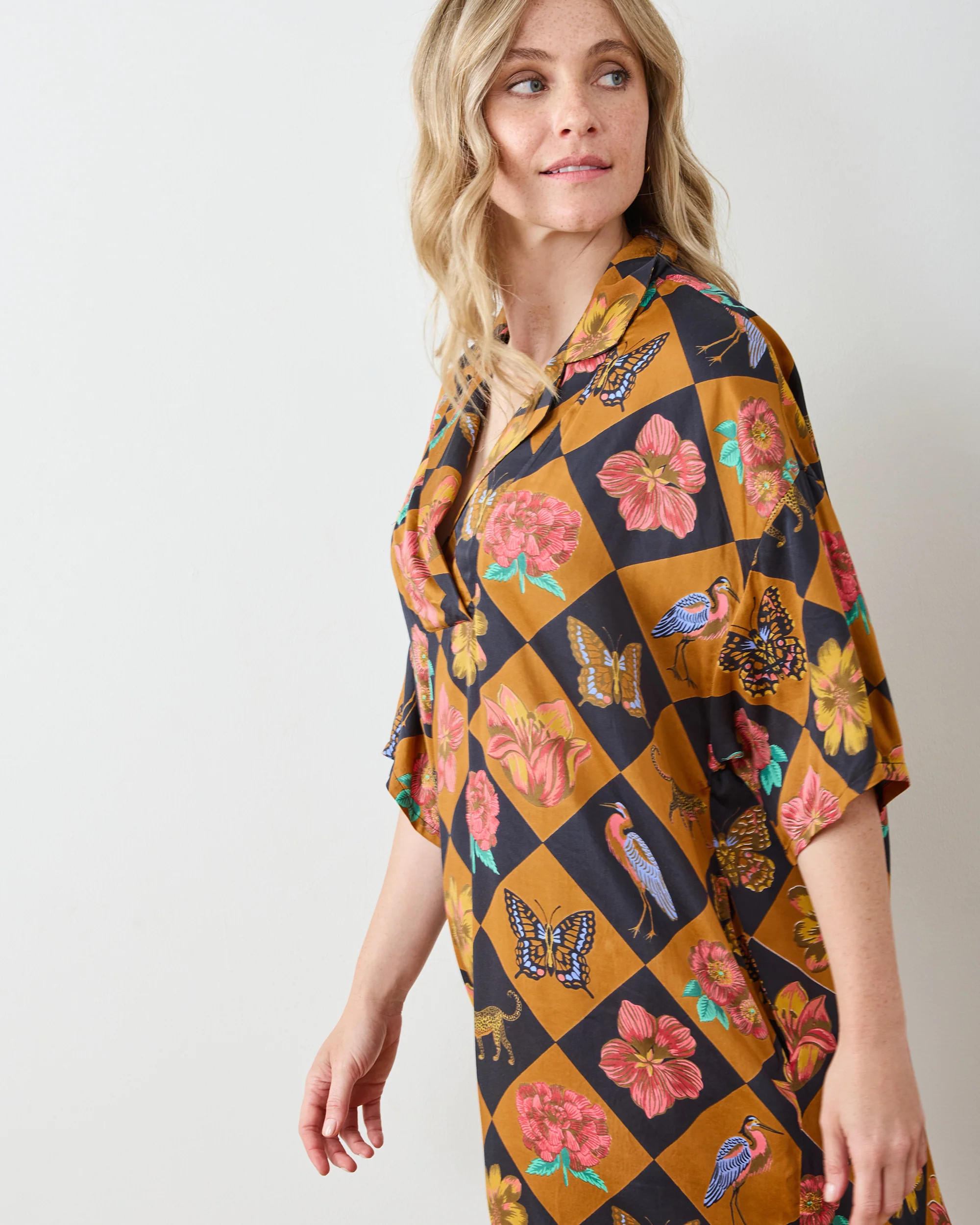 Botanical Checkerboard - Eco Satin Brigitte Nightgown Set - Caramel | Printfresh