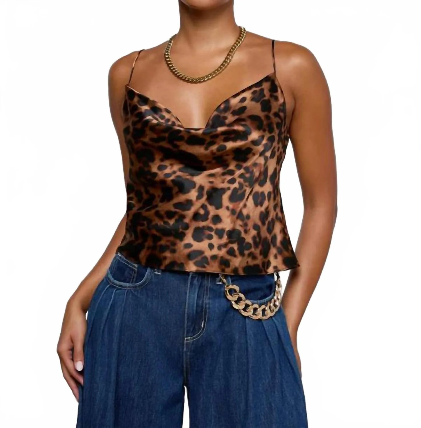 Calista Cowl Neck Cami Top In Brown Multi Leopard | Shop Simon
