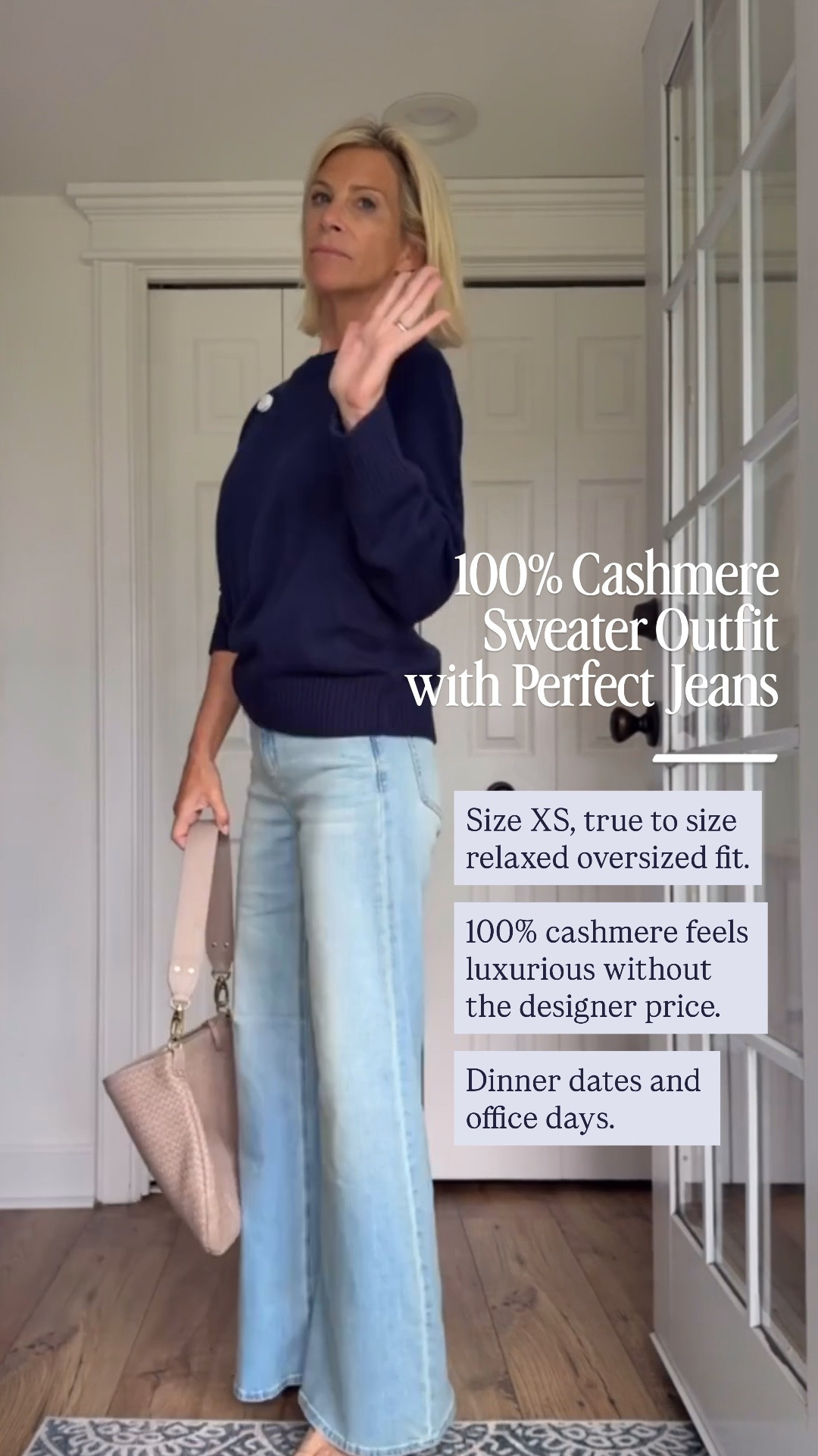 This one checks every box. It's 100% cashmere with a relaxed, slightly oversized fit that's easy to wear without looking bulky. I'm wearing an XS, and it runs true to size. Paired with the Perfect Jeans (I'm wearing a 25, also true to size), it's one of those outfits that looks polished with almost no effort.

👩‍💻 LTK PRO TIPS 
❤️ Heart = Support my posts ;-) 
🔖 Save = Get sale & restock alerts for the things you love! 
📋 Lists = Keep favorites organized (List ideas: Christmas, Birthdays, and Vacations!) 
📲 Share = Send lists and products to a friend (or your daughters like me). 💬 Comment = Ask me anything, and I'll answer. ;-) #LTKootd

#LTKootd #LTKSeasonal #LTKOver40