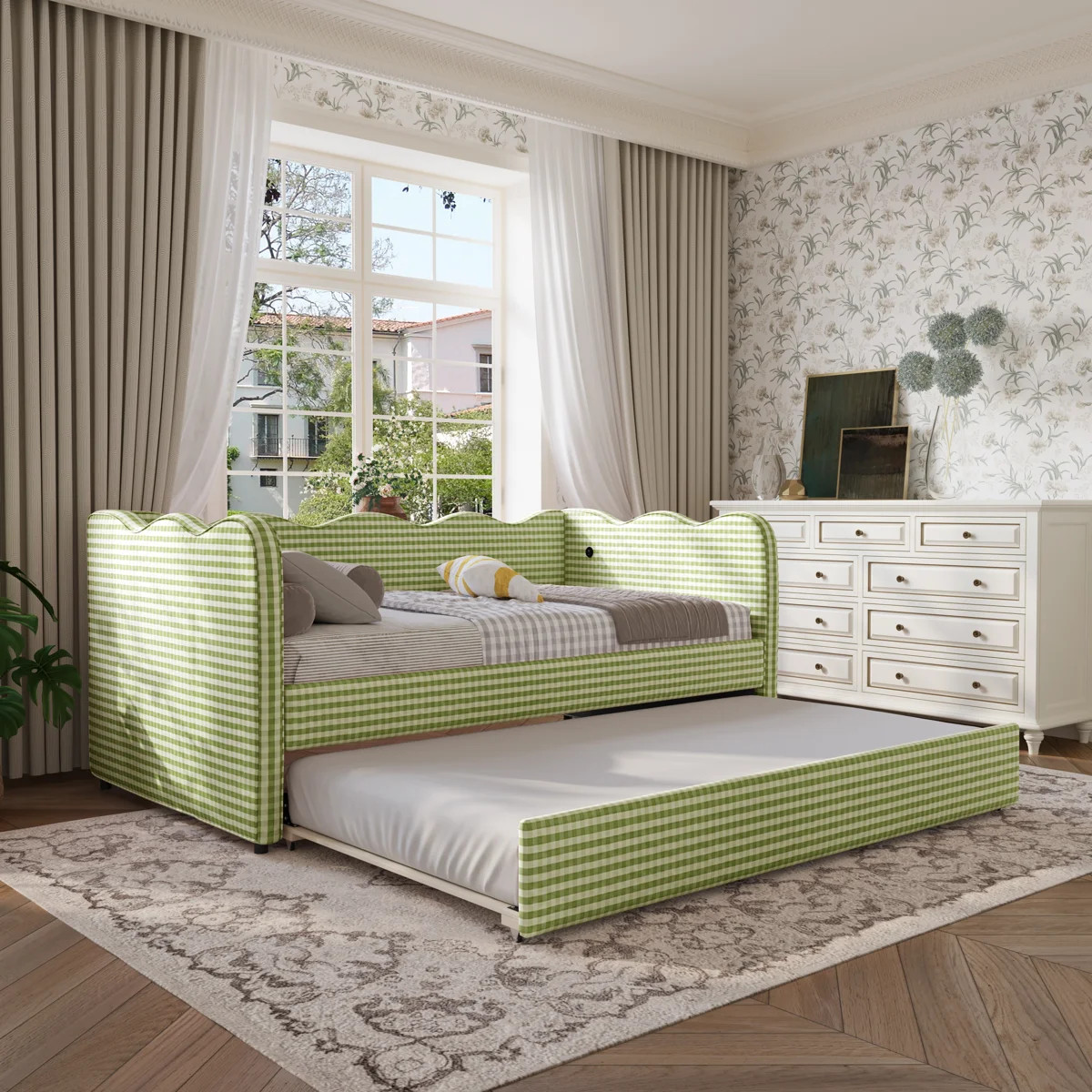 Linen Upholstered Gingham Daybed With Trundle, Usb Charging Port & Wave-shaped Design, No Box Spr... | Wayfair North America