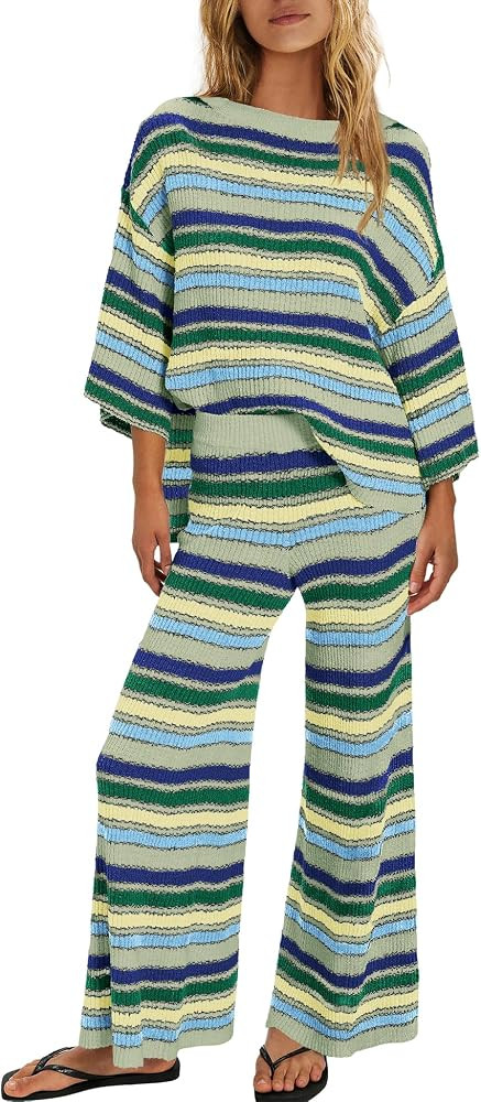 ReachMe Womens Oversized Striped 2 Piece Sets Sweater and Wide Leg Pants with Pockets Pajama Loun... | Amazon (US)