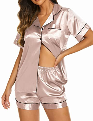 Ekouaer Silk Pajamas for Women Short Sleeve Sleepwear Soft Button Down Loungewear 2 Piece Satin P... | Amazon (US)