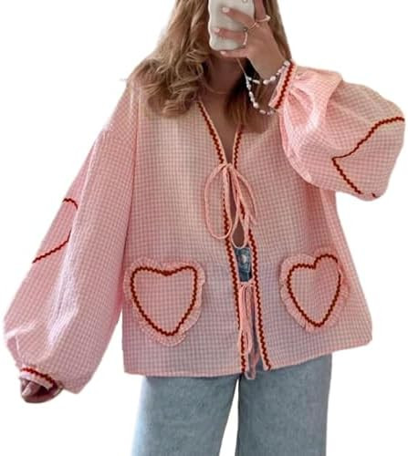 POHADON Cute Heart Tie Front Tops Puff Long Sleeve Blouse Bow Top Trendy Babydoll Shirts Y2K Aest... | Amazon (US)