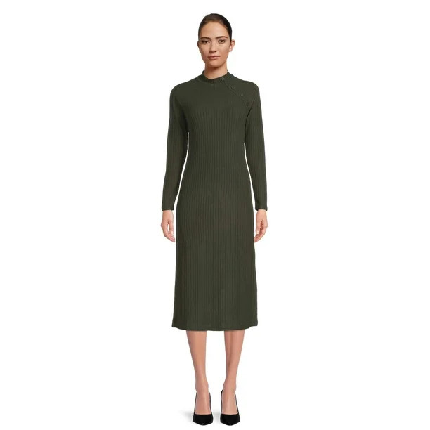 Time and Tru Women's Rib Knit Dress with Long Sleeves - Walmart.com | Walmart (US)