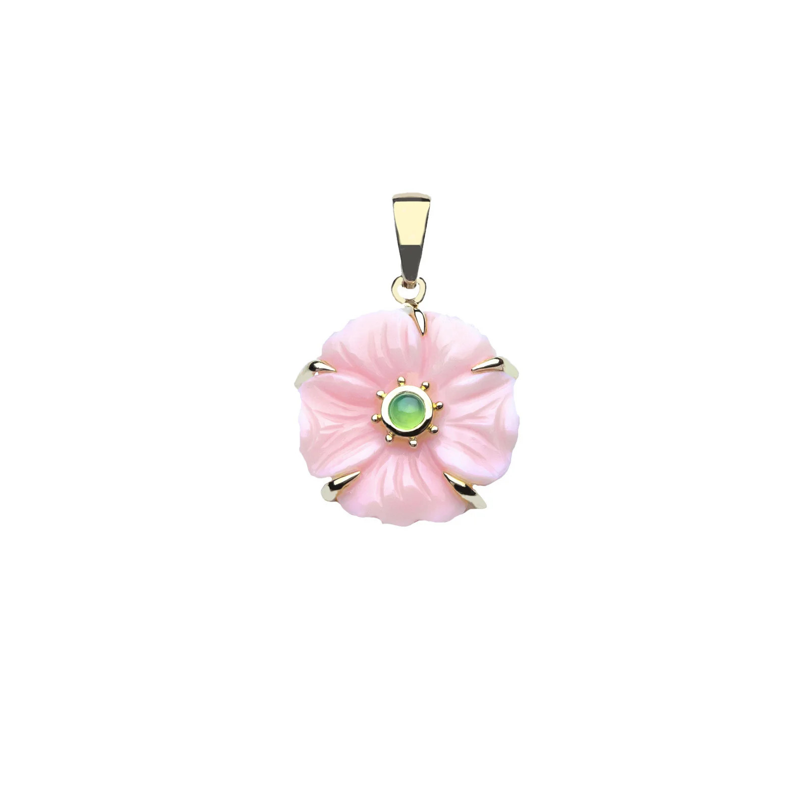 JOY Pink Jade Carved Petunia Pendant in Solid Gold | Jane Win