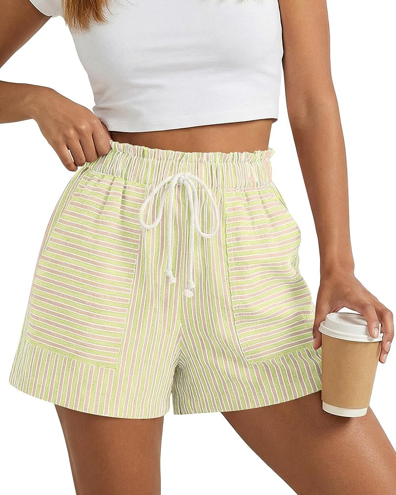 BTFBM Striped Summer Shorts for Women 2026 Loose Spring Casual Elastic Waist Lounge Resort Wear V... | Amazon (US)