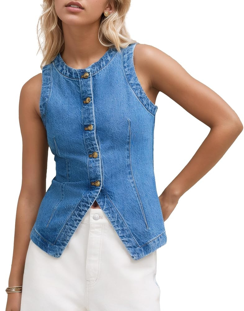 D-Sun Women Denim Vest Sleeveless Crewneck Button Down Jean Waistcoat Casual Front Slit Slim Deni... | Amazon (US)