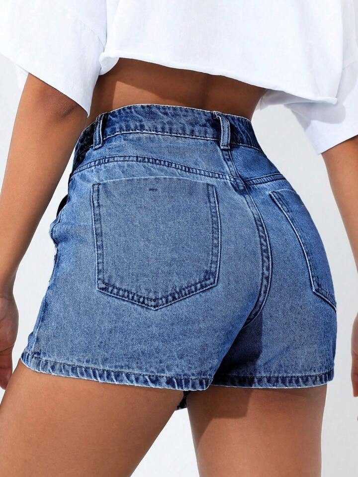 SHEIN PETITE Pantalones cortos de mujer de mezclilla desgastada y descolorida | SHEIN