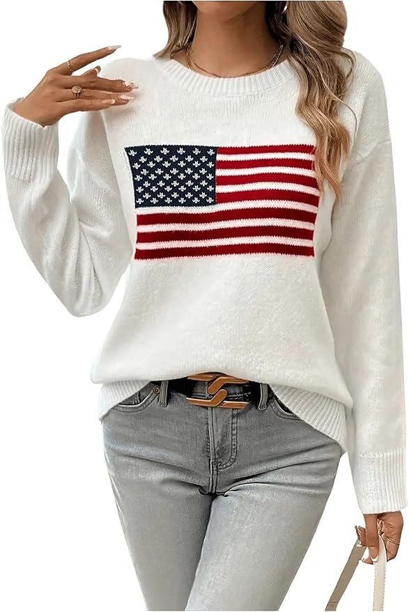 Floerns Women's American Flag Graphic Long Sleeve Sweater Crew Neck Knitted Pullover Tops | Amazon (US)