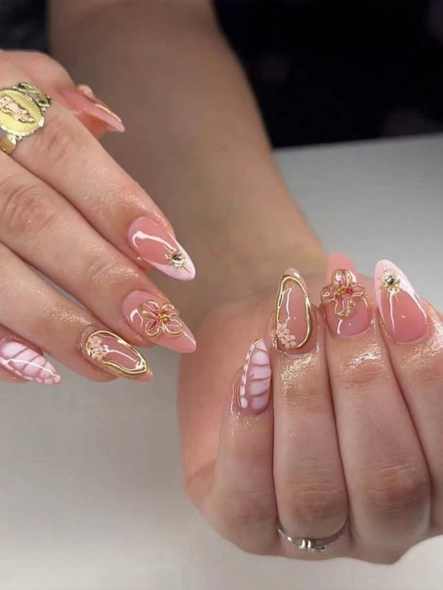 24pcs Freshen Short Almond Shape Press On Nails Set Acrylic Nails French Golden Glitter 3D Flower... | SHEIN