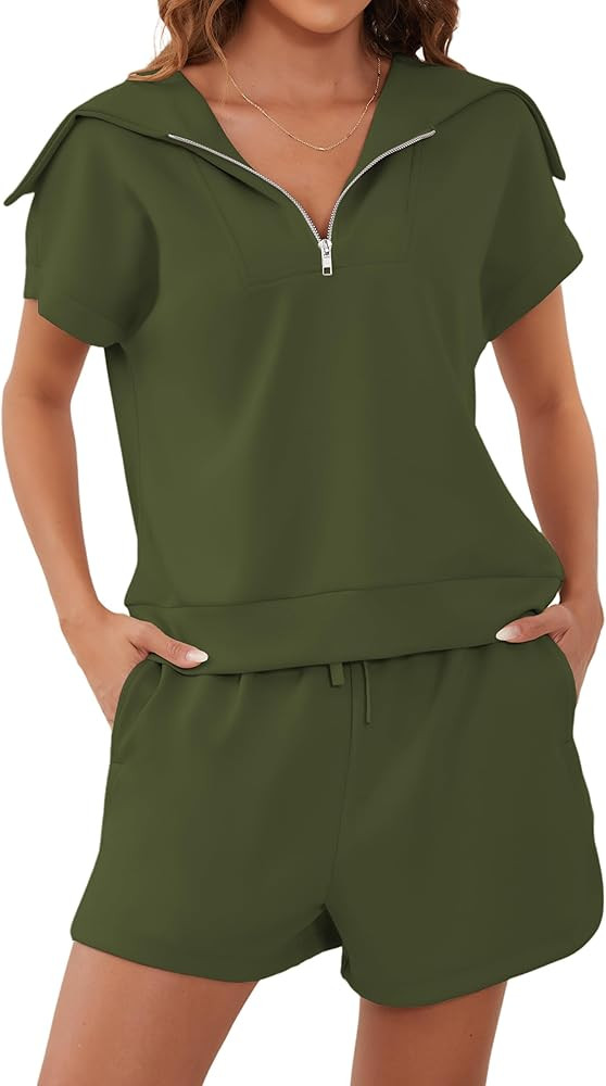 Meladyan Women Two Piece Outfits Tracksuit Half Zip Lapel Cap Sleeve Sweatshirt High Waist Drawst... | Amazon (US)