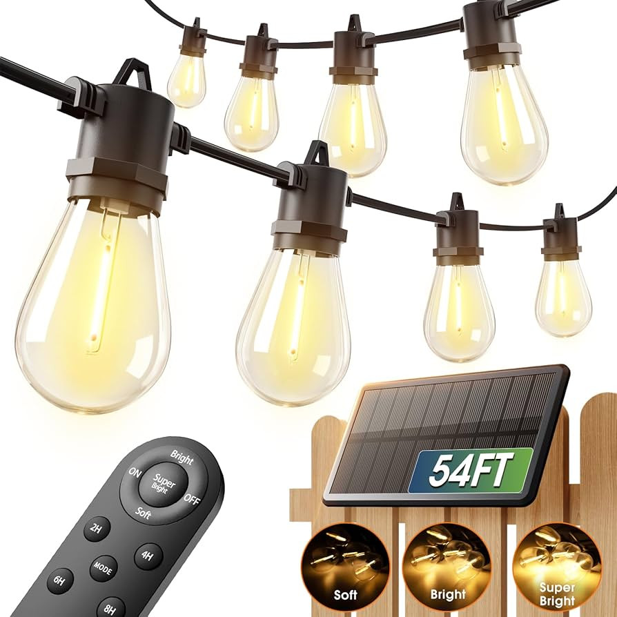 addlon 54FT(48+6) Solar String Lights Outdoor Waterproof with USB Charging & Remote Control - Dim... | Amazon (US)