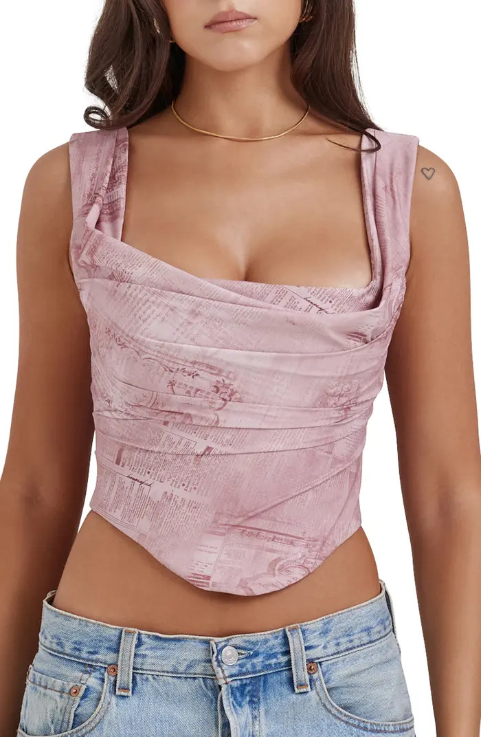 HOUSE OF CB Una Floral Cowl Neck Lace-Up Corset Top | Nordstrom | Nordstrom
