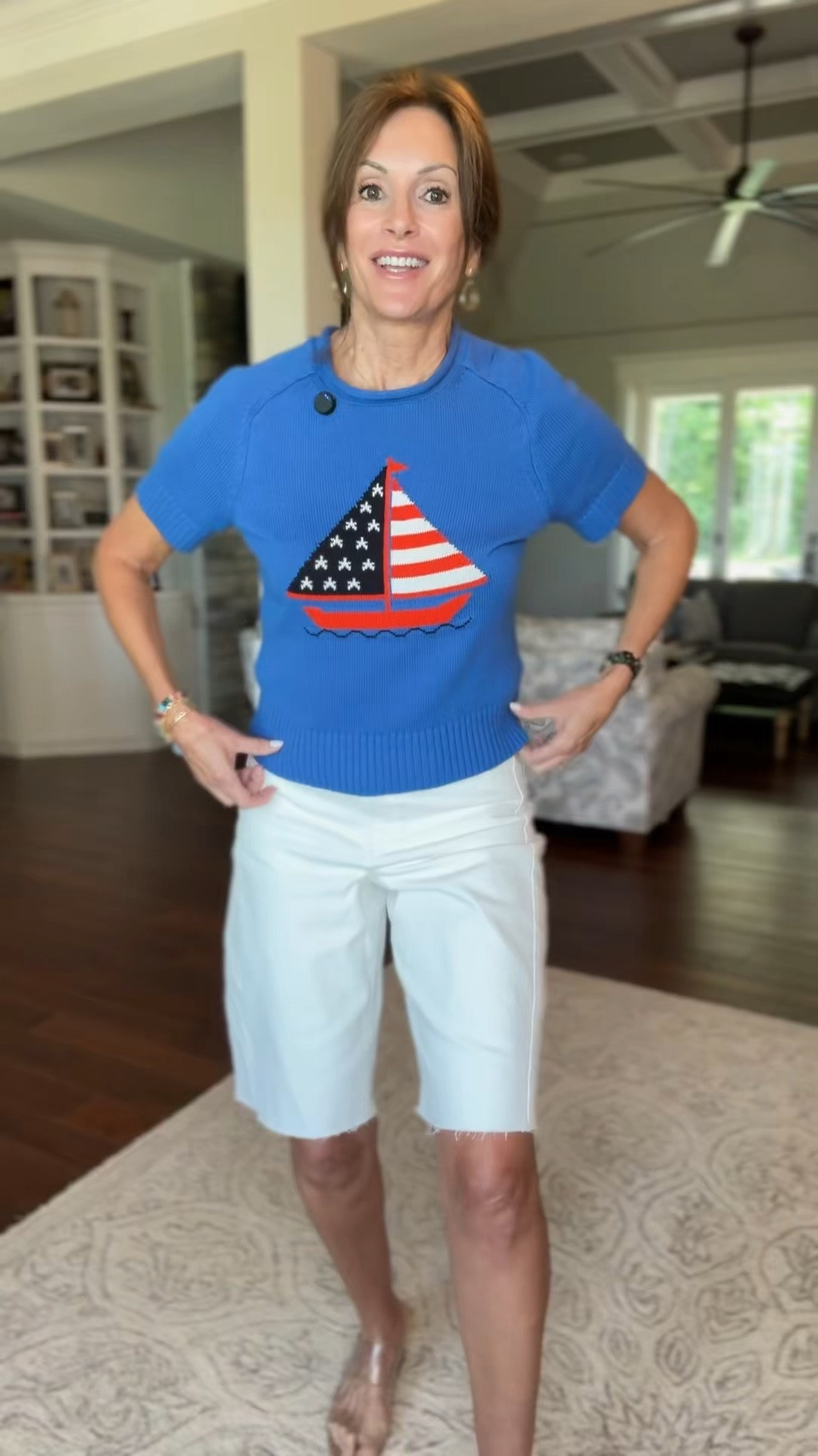 Sailboat sweater \ medium 
Bermuda shorts - size 8 

4th of July 
Elevated casual 
Summer style

#LTKMidsize #LTKTall #LTKWorkwear