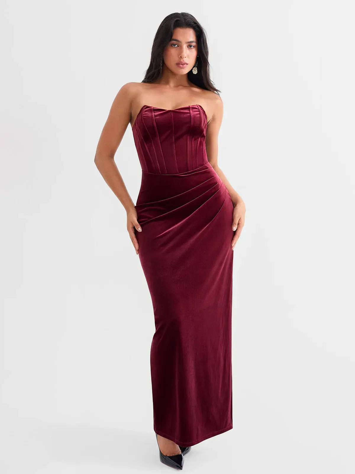 Strapless Velvet Ruched Sculpting Corset Gown | Popilush