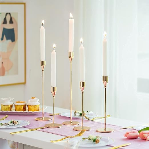 Gold Candlestick Holders for Taper Candle - Set of 5 Tall Metal Candle Stick Holder Bundle for We... | Amazon (US)