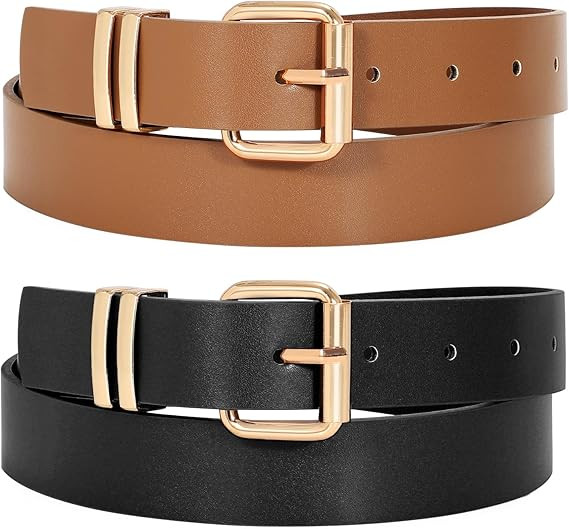 JASGOOD 2 Pack Women Belts for Jeans Ladies Leather Waist Belt for Pants Dresses with Gold Buckle | Amazon (US)