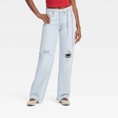 Women's Mid-Rise Drawstring Baggy Jeans - Universal Thread™ Light Wash 6: Relaxed Fit, Frayed H... | Target