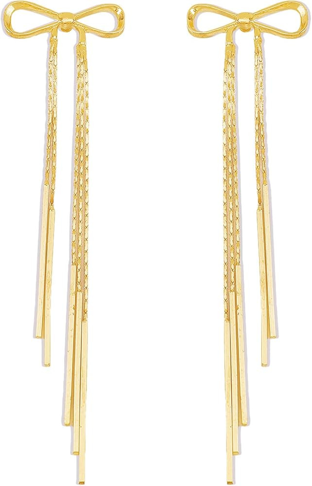 Silver Bow Earrings for Women Sparkle Earrings Long Silver Earrings Dangle Rhinestone Drop Earrings  | Amazon (US)