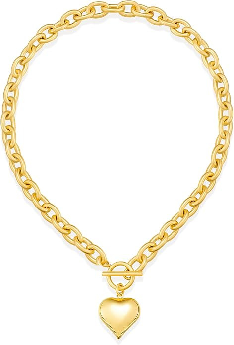 Chunky Gold Pendant Necklaces For Women Gold Chain links With Sun Heart Lion Conch Shell Charms S... | Amazon (US)