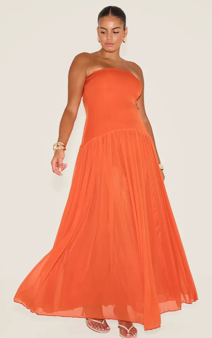 Plus Orange Bandeau Chiffon Pleated Maxi Dress | PrettyLittleThing US