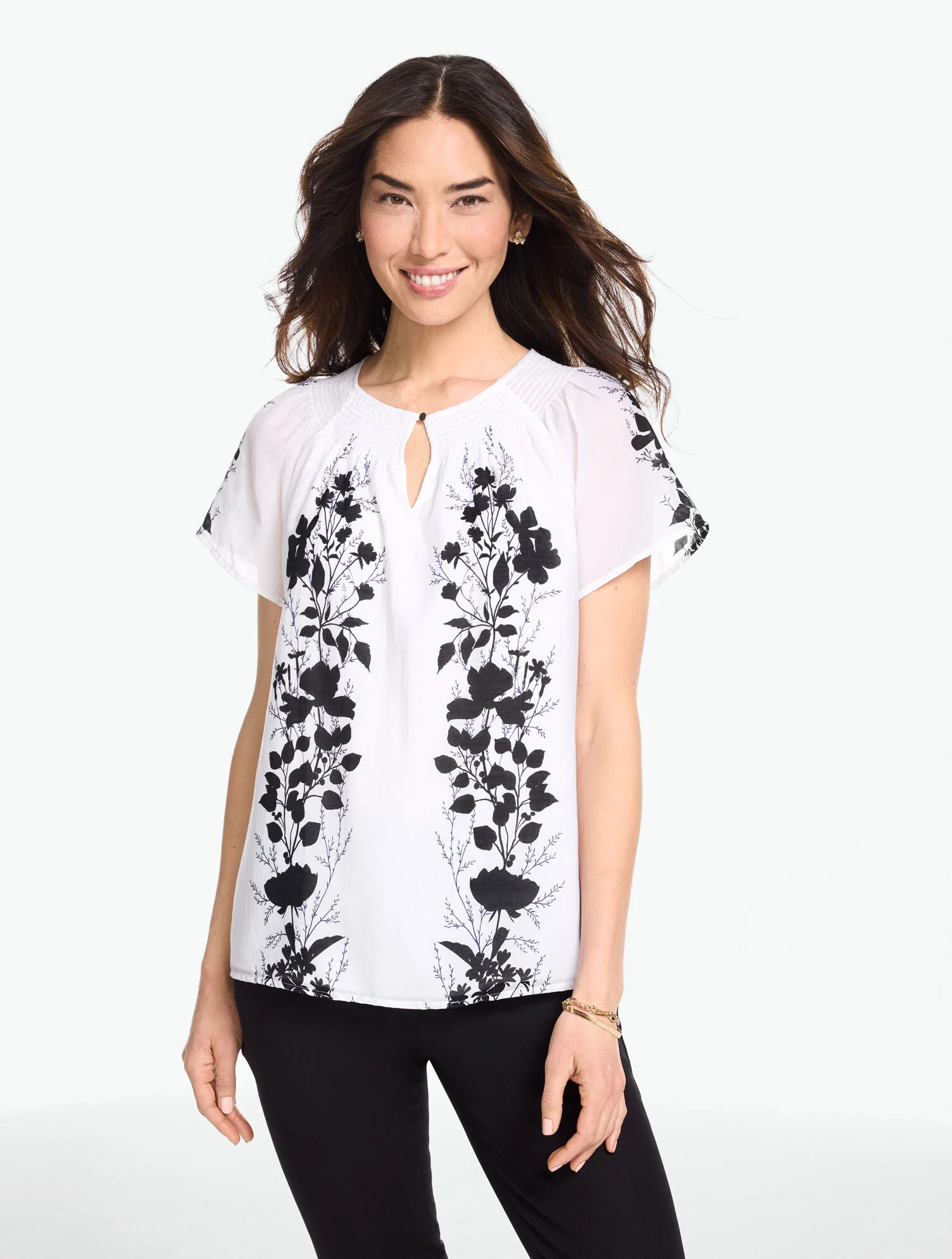 Smocked Short Sleeve Top - Shadow Botanical | Talbots