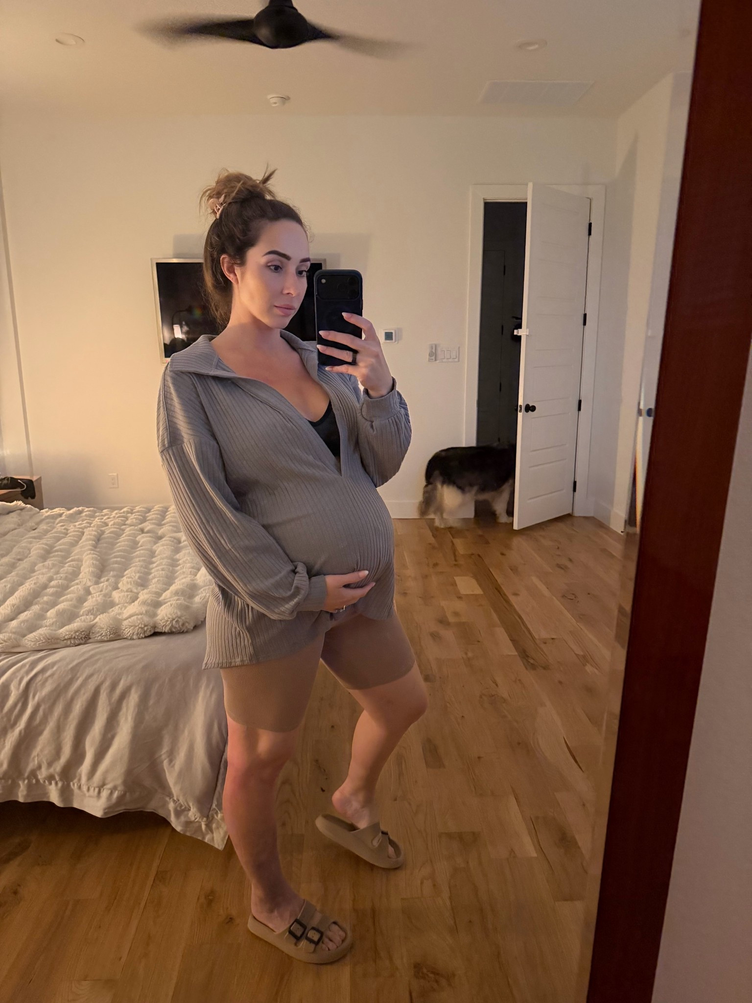 Nothing fancy but comfy and matches everything I own so it’s a win. I have this sweater / pull over in 5 colors lol #30weekspregnant after baby shower + 1yr old twins birthday party, this momma is tired! 🥱. Peep my malamute and first baby, truly hating the thunder 

#LTKmomlife #LTKootd