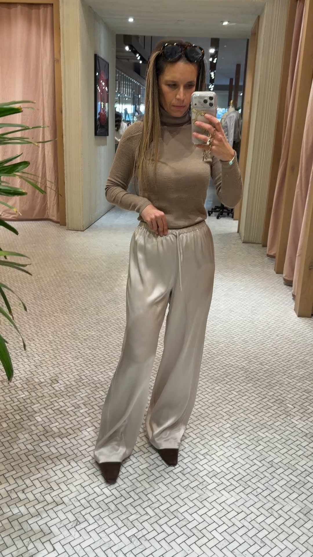 Wearing sz S in satin matte pearl off white pants - the most beautiful drape! Love this material!
100% wool turtleneck beige sz S


#LTKHoliday #LTKWorkwear #LTKOver40