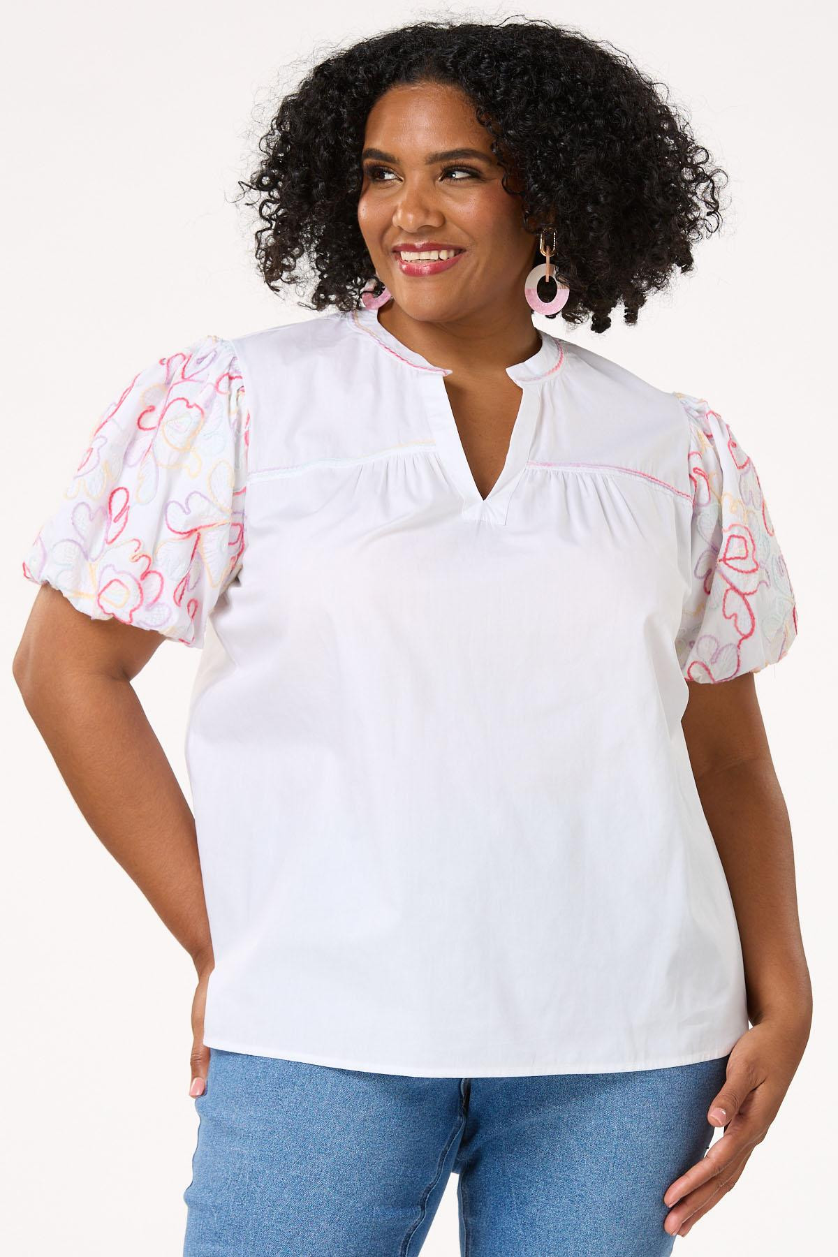 Plus Size Embroidered Puff Sleeve Poplin Top | Cato Fashions